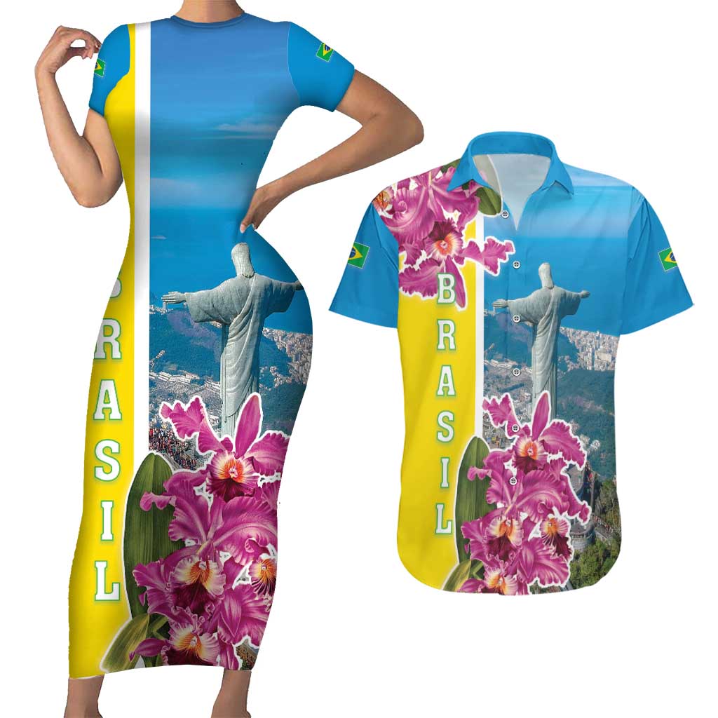 Brazil Cattleya Labiata Couples Matching Short Sleeve Bodycon Dress and Hawaiian Shirt Christ The Redeemer And Flag Color Style - Wonder Print Shop