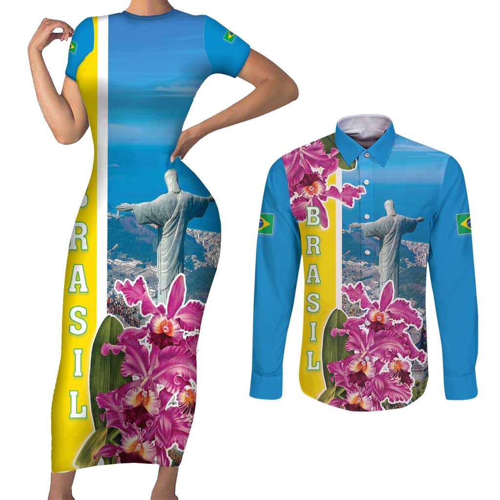 Brazil Cattleya Labiata Couples Matching Short Sleeve Bodycon Dress and Long Sleeve Button Shirt Christ The Redeemer And Flag Color Style - Wonder Print Shop