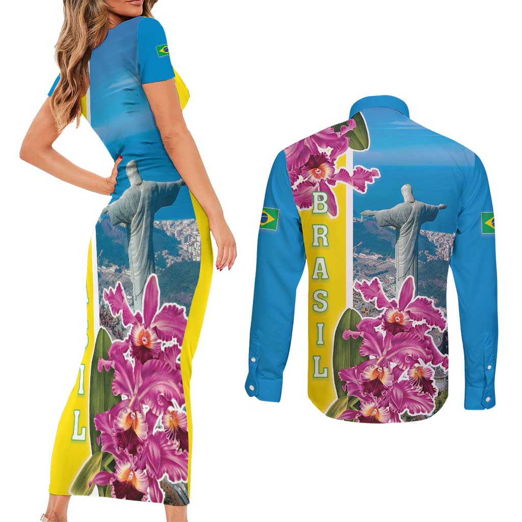Brazil Cattleya Labiata Couples Matching Short Sleeve Bodycon Dress and Long Sleeve Button Shirt Christ The Redeemer And Flag Color Style - Wonder Print Shop