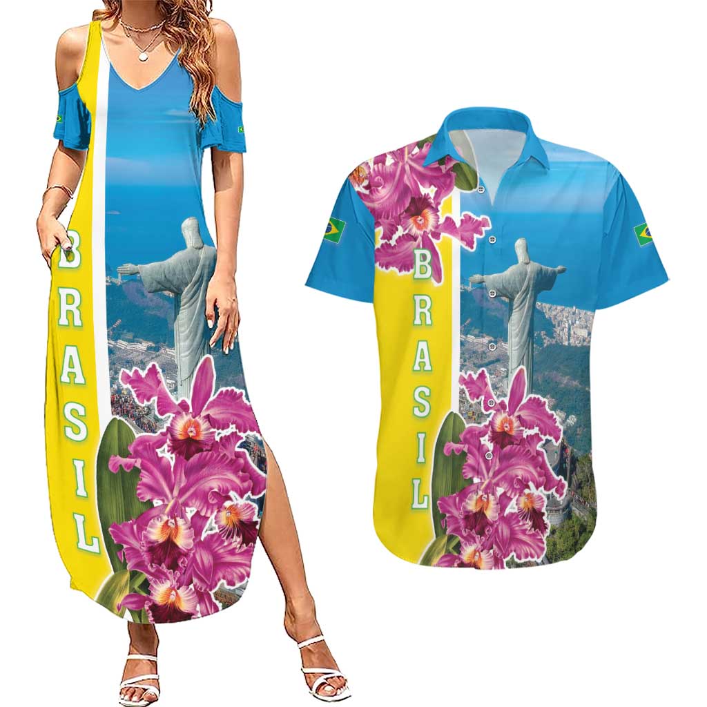 Brazil Cattleya Labiata Couples Matching Summer Maxi Dress and Hawaiian Shirt Christ The Redeemer And Flag Color Style - Wonder Print Shop