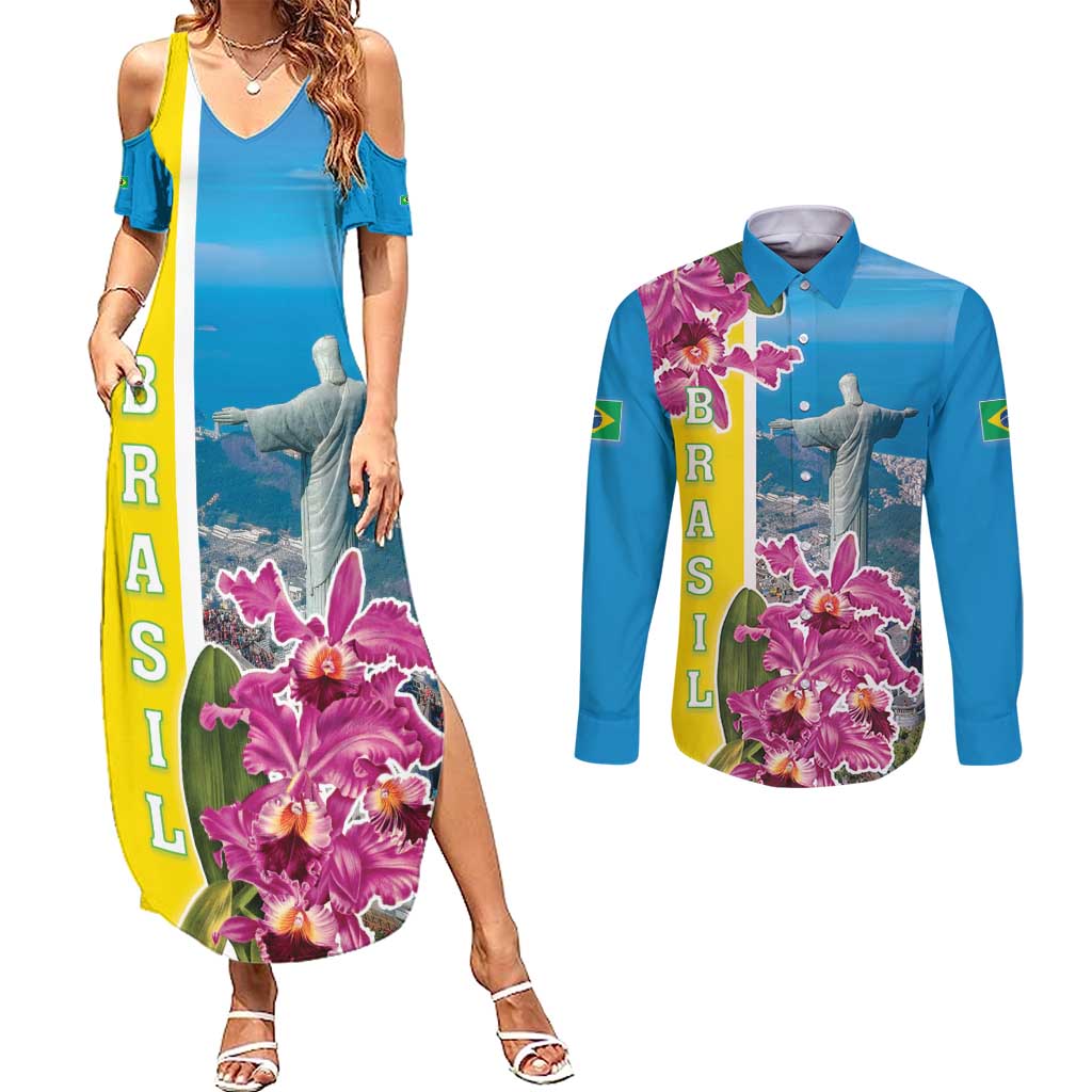 Brazil Cattleya Labiata Couples Matching Summer Maxi Dress and Long Sleeve Button Shirt Christ The Redeemer And Flag Color Style - Wonder Print Shop