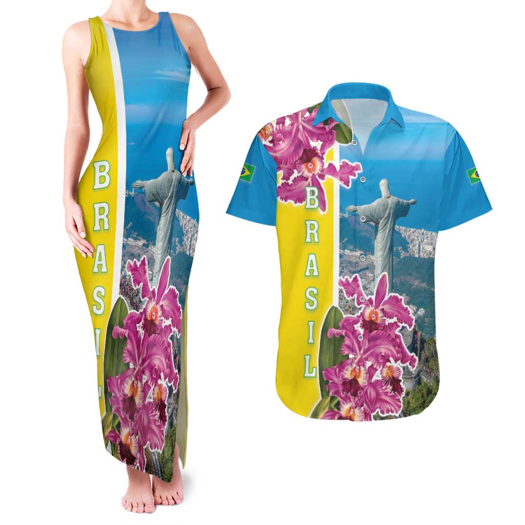 Brazil Cattleya Labiata Couples Matching Tank Maxi Dress and Hawaiian Shirt Christ The Redeemer And Flag Color Style - Wonder Print Shop