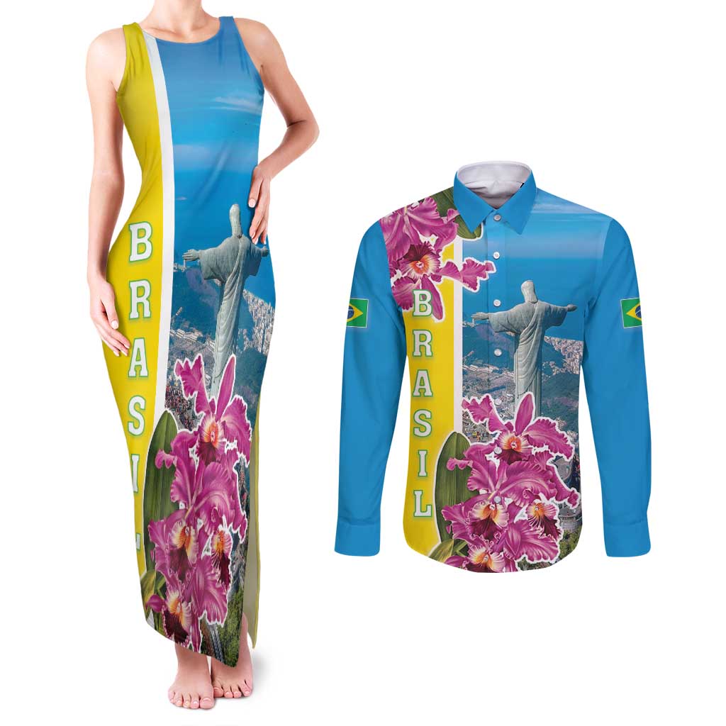 Brazil Cattleya Labiata Couples Matching Tank Maxi Dress and Long Sleeve Button Shirt Christ The Redeemer And Flag Color Style - Wonder Print Shop