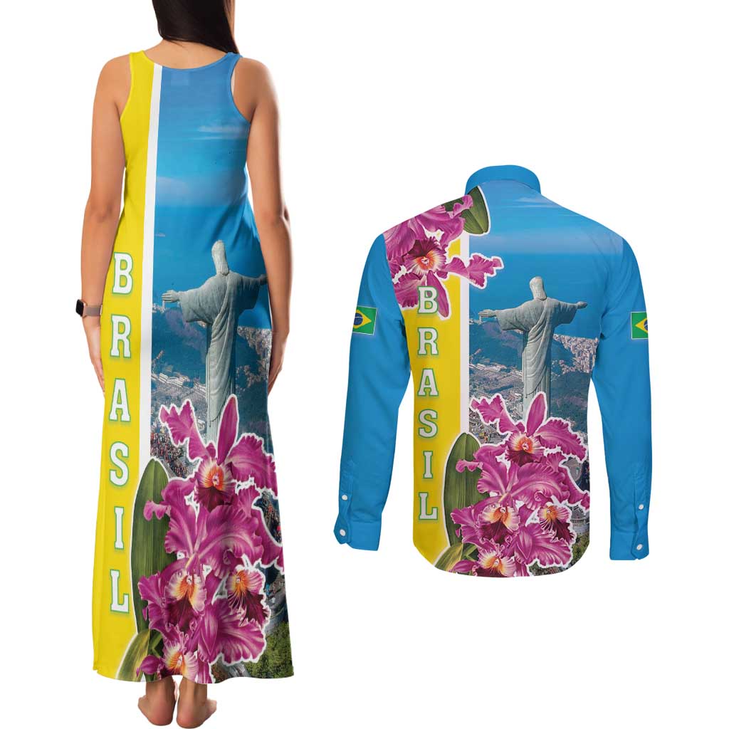 Brazil Cattleya Labiata Couples Matching Tank Maxi Dress and Long Sleeve Button Shirt Christ The Redeemer And Flag Color Style - Wonder Print Shop