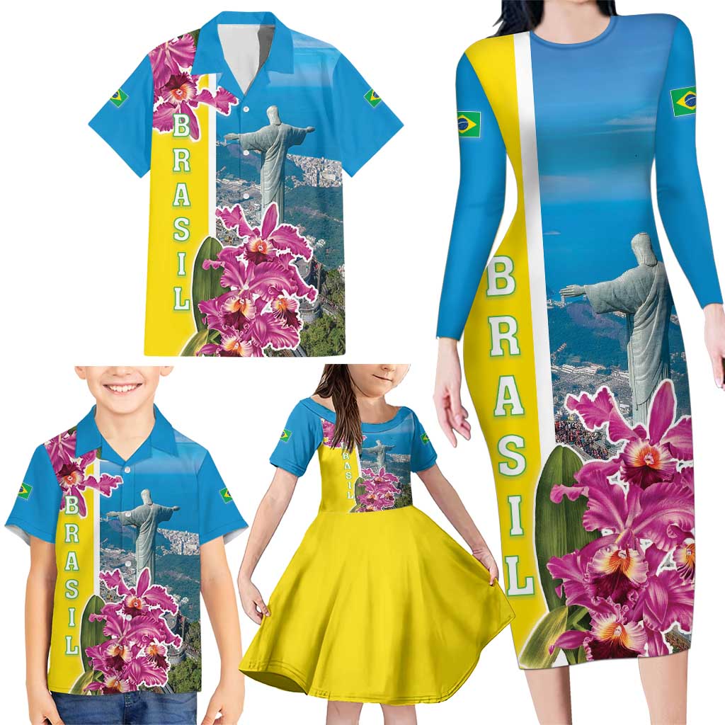 Brazil Cattleya Labiata Family Matching Long Sleeve Bodycon Dress and Hawaiian Shirt Christ The Redeemer And Flag Color Style - Wonder Print Shop
