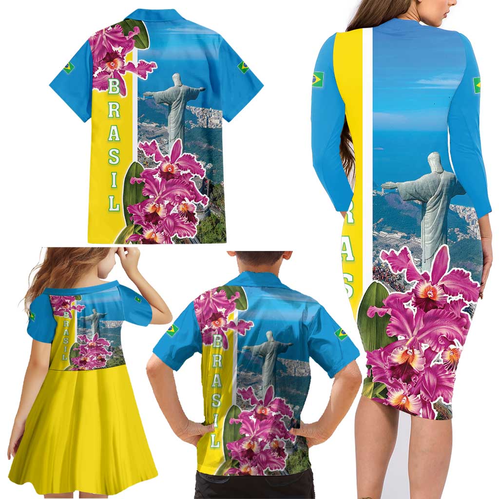 Brazil Cattleya Labiata Family Matching Long Sleeve Bodycon Dress and Hawaiian Shirt Christ The Redeemer And Flag Color Style - Wonder Print Shop
