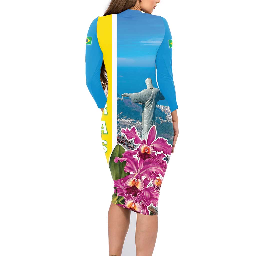 Brazil Cattleya Labiata Family Matching Long Sleeve Bodycon Dress and Hawaiian Shirt Christ The Redeemer And Flag Color Style - Wonder Print Shop