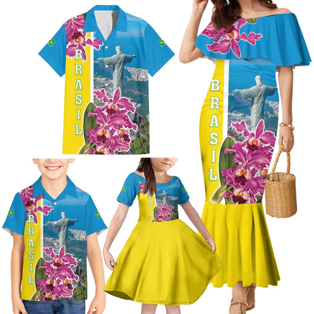 Brazil Cattleya Labiata Family Matching Mermaid Dress and Hawaiian Shirt Christ The Redeemer And Flag Color Style - Wonder Print Shop