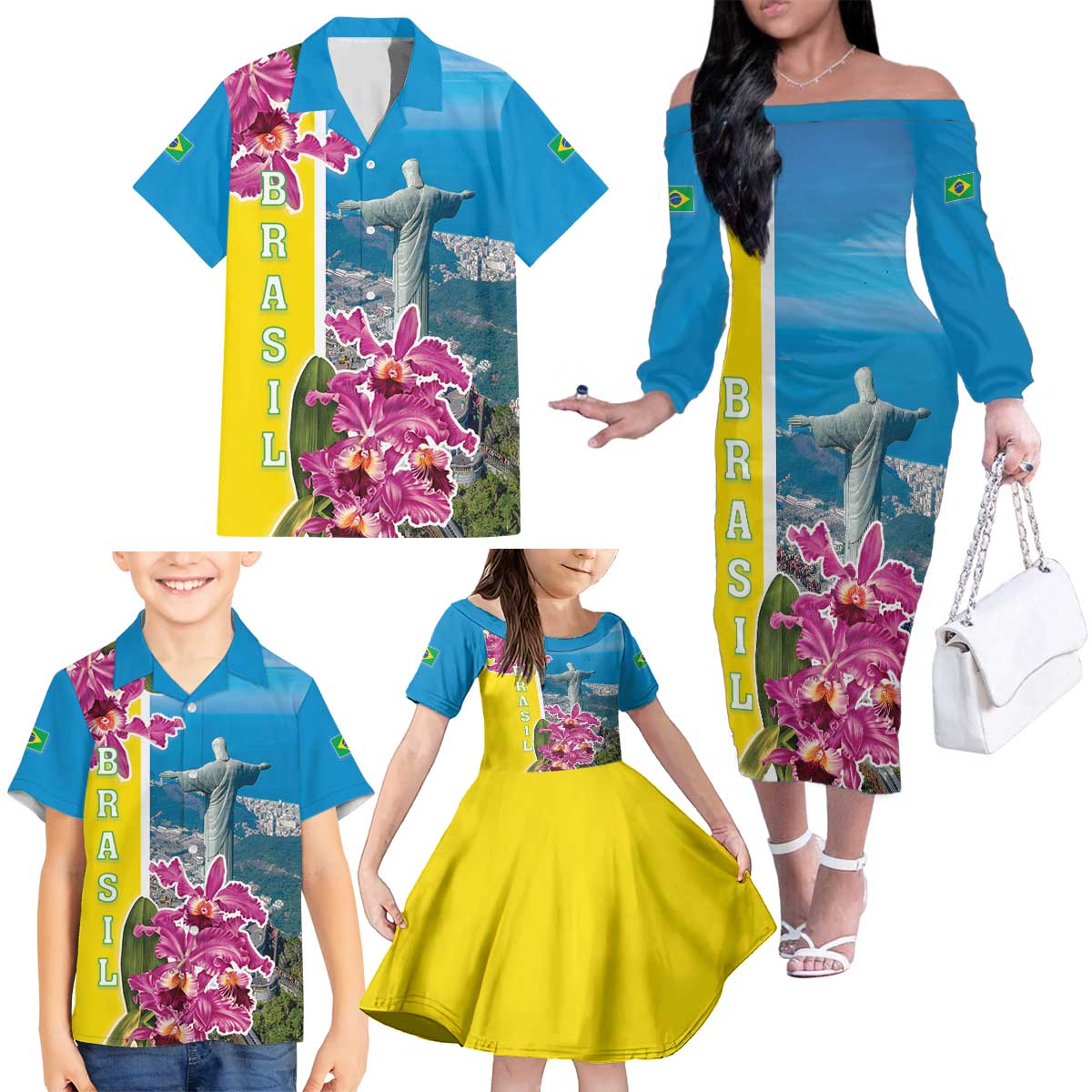 Brazil Cattleya Labiata Family Matching Off The Shoulder Long Sleeve Dress and Hawaiian Shirt Christ The Redeemer And Flag Color Style - Wonder Print Shop