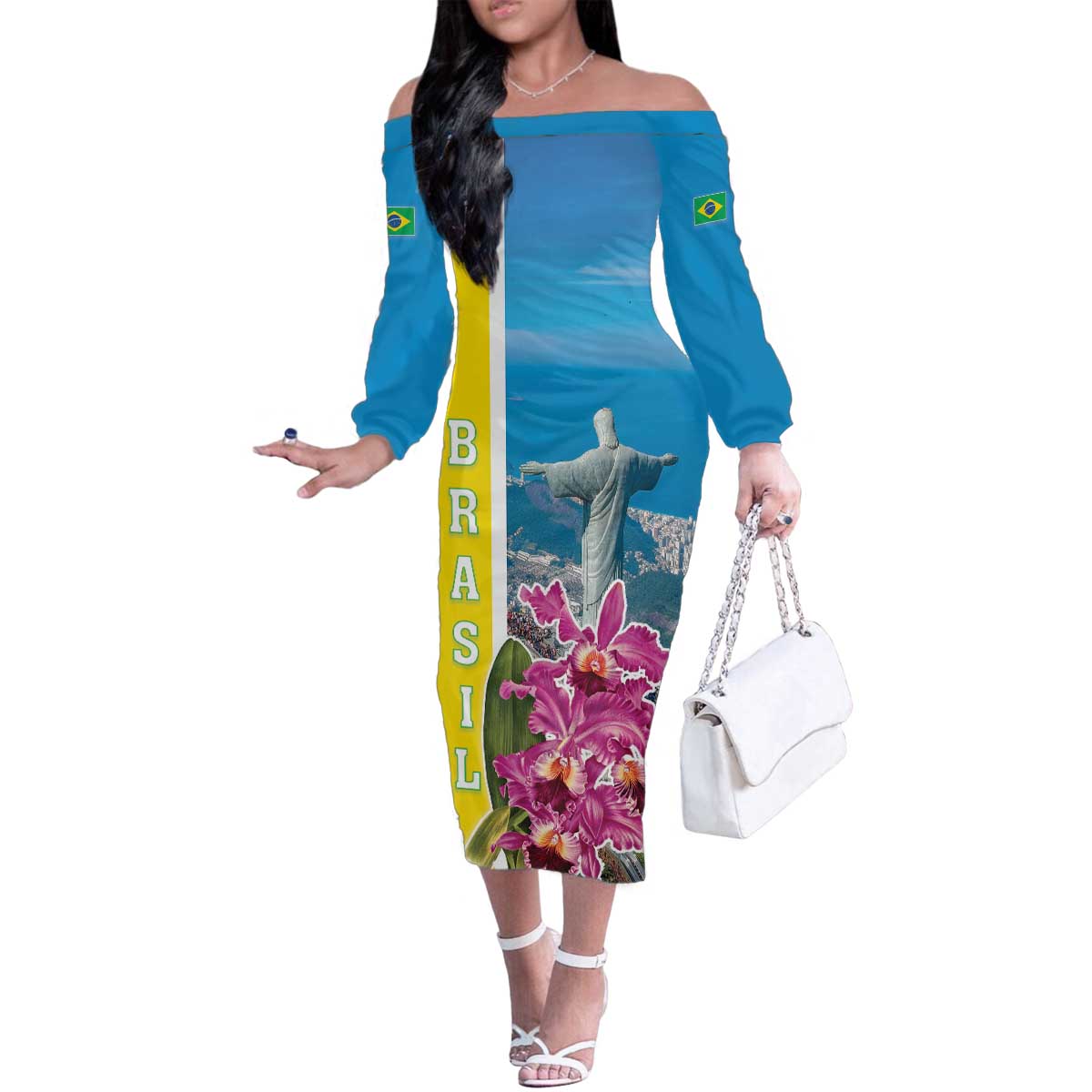Brazil Cattleya Labiata Family Matching Off The Shoulder Long Sleeve Dress and Hawaiian Shirt Christ The Redeemer And Flag Color Style - Wonder Print Shop