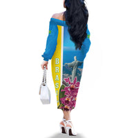 Brazil Cattleya Labiata Family Matching Off The Shoulder Long Sleeve Dress and Hawaiian Shirt Christ The Redeemer And Flag Color Style - Wonder Print Shop