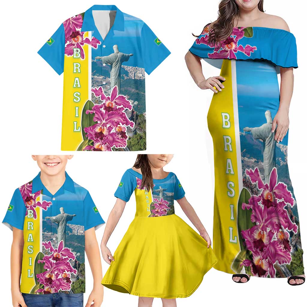 Brazil Cattleya Labiata Family Matching Off Shoulder Maxi Dress and Hawaiian Shirt Christ The Redeemer And Flag Color Style - Wonder Print Shop
