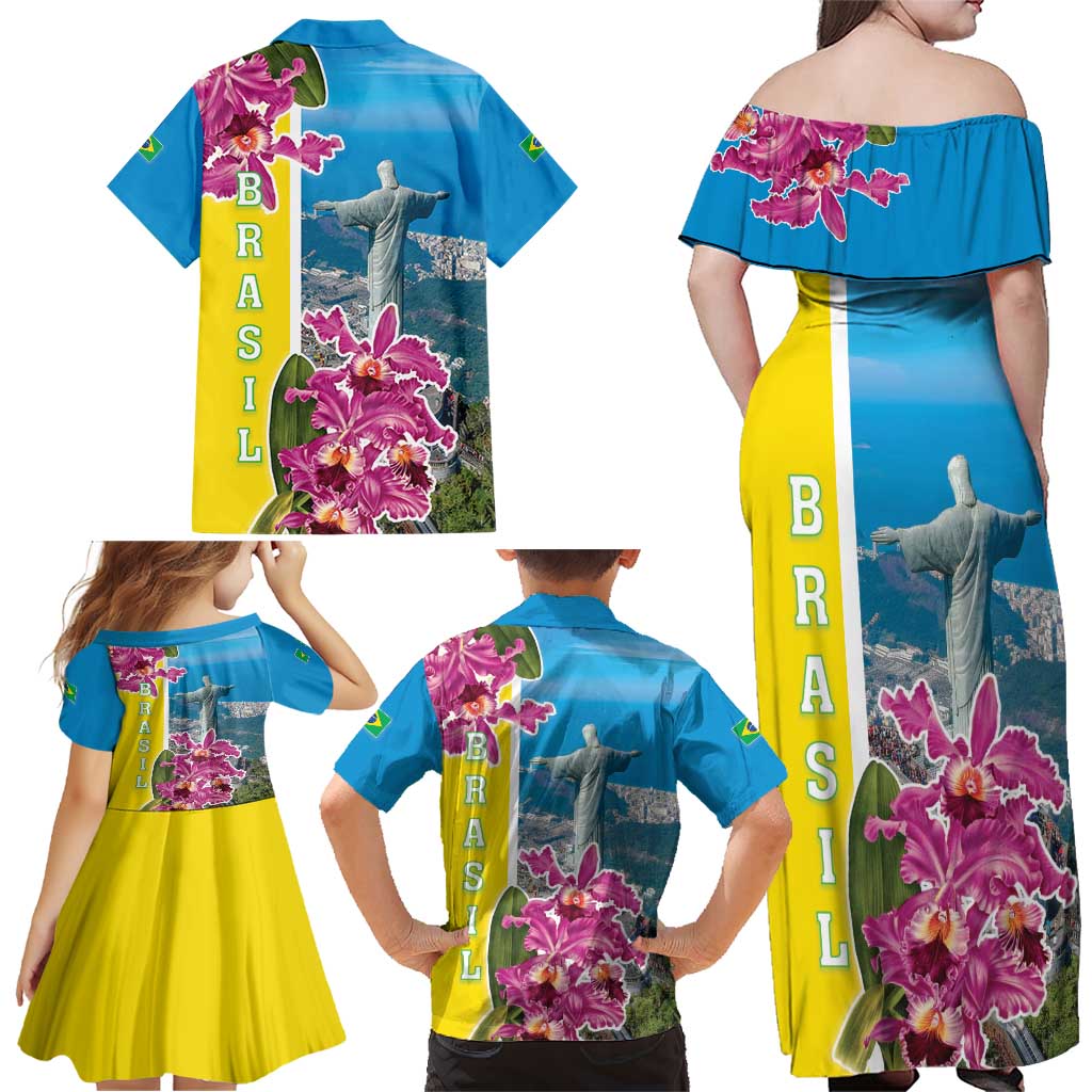 Brazil Cattleya Labiata Family Matching Off Shoulder Maxi Dress and Hawaiian Shirt Christ The Redeemer And Flag Color Style - Wonder Print Shop
