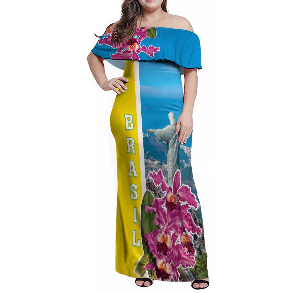 Brazil Cattleya Labiata Family Matching Off Shoulder Maxi Dress and Hawaiian Shirt Christ The Redeemer And Flag Color Style - Wonder Print Shop