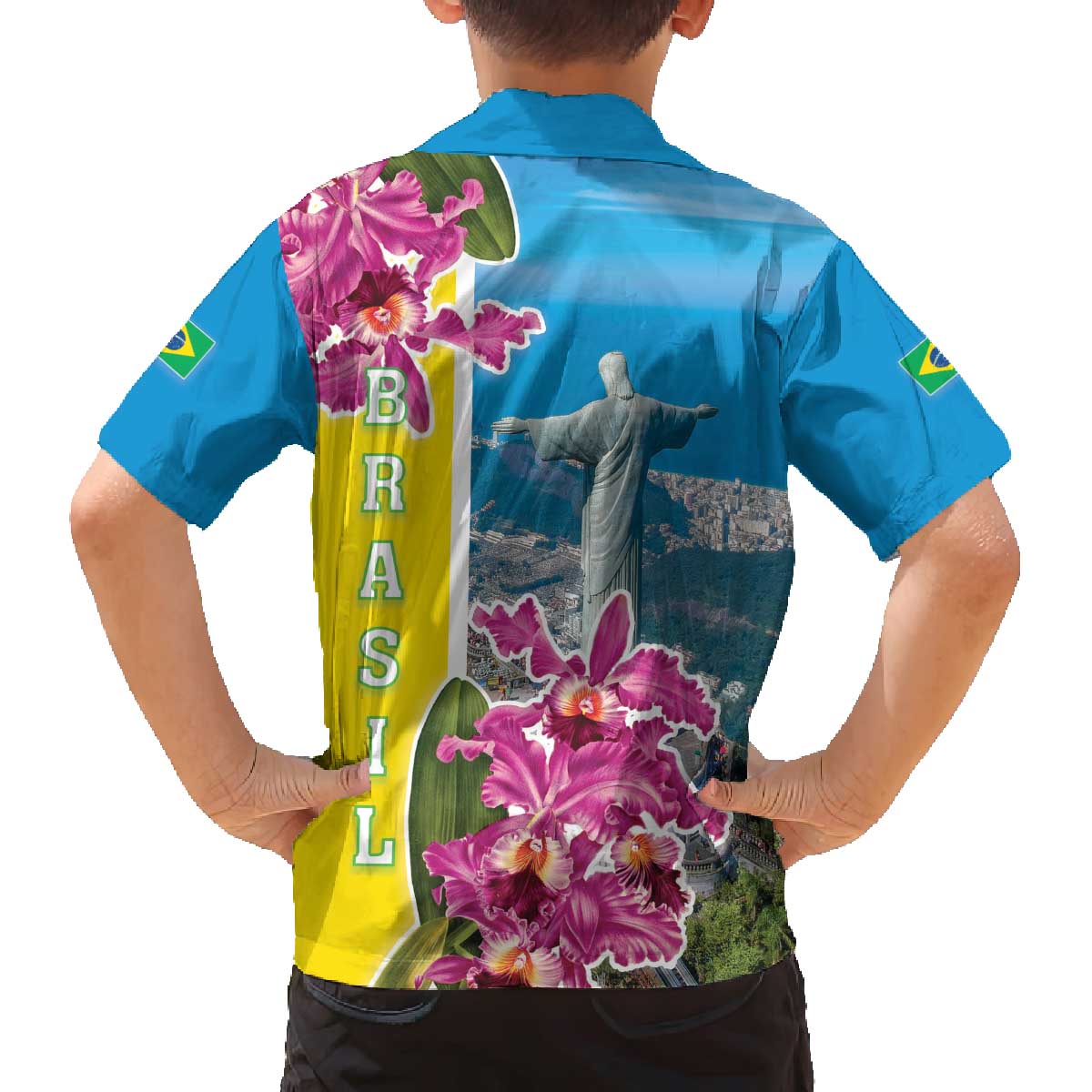 Brazil Cattleya Labiata Family Matching Off Shoulder Short Dress and Hawaiian Shirt Christ The Redeemer And Flag Color Style - Wonder Print Shop