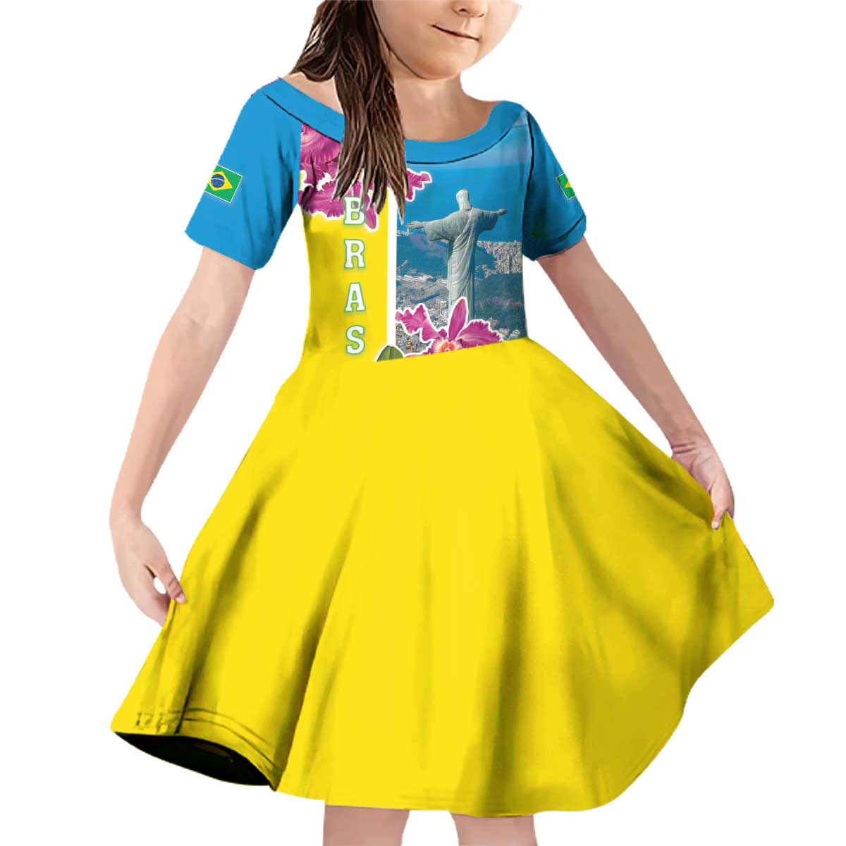 Brazil Cattleya Labiata Family Matching Off Shoulder Short Dress and Hawaiian Shirt Christ The Redeemer And Flag Color Style - Wonder Print Shop