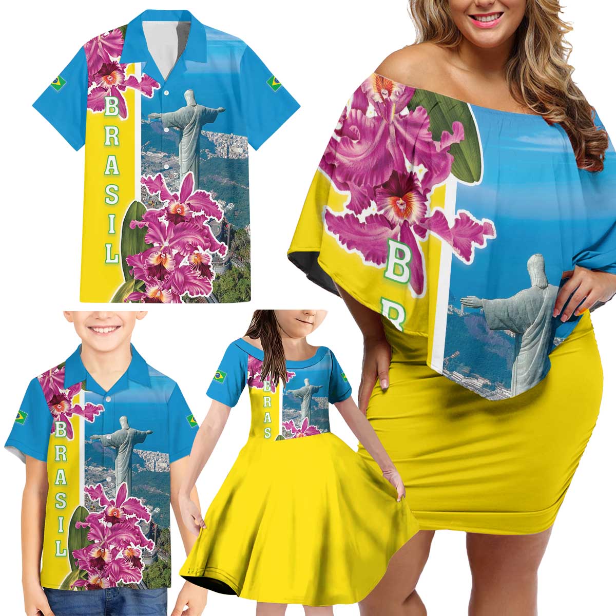 Brazil Cattleya Labiata Family Matching Off Shoulder Short Dress and Hawaiian Shirt Christ The Redeemer And Flag Color Style - Wonder Print Shop