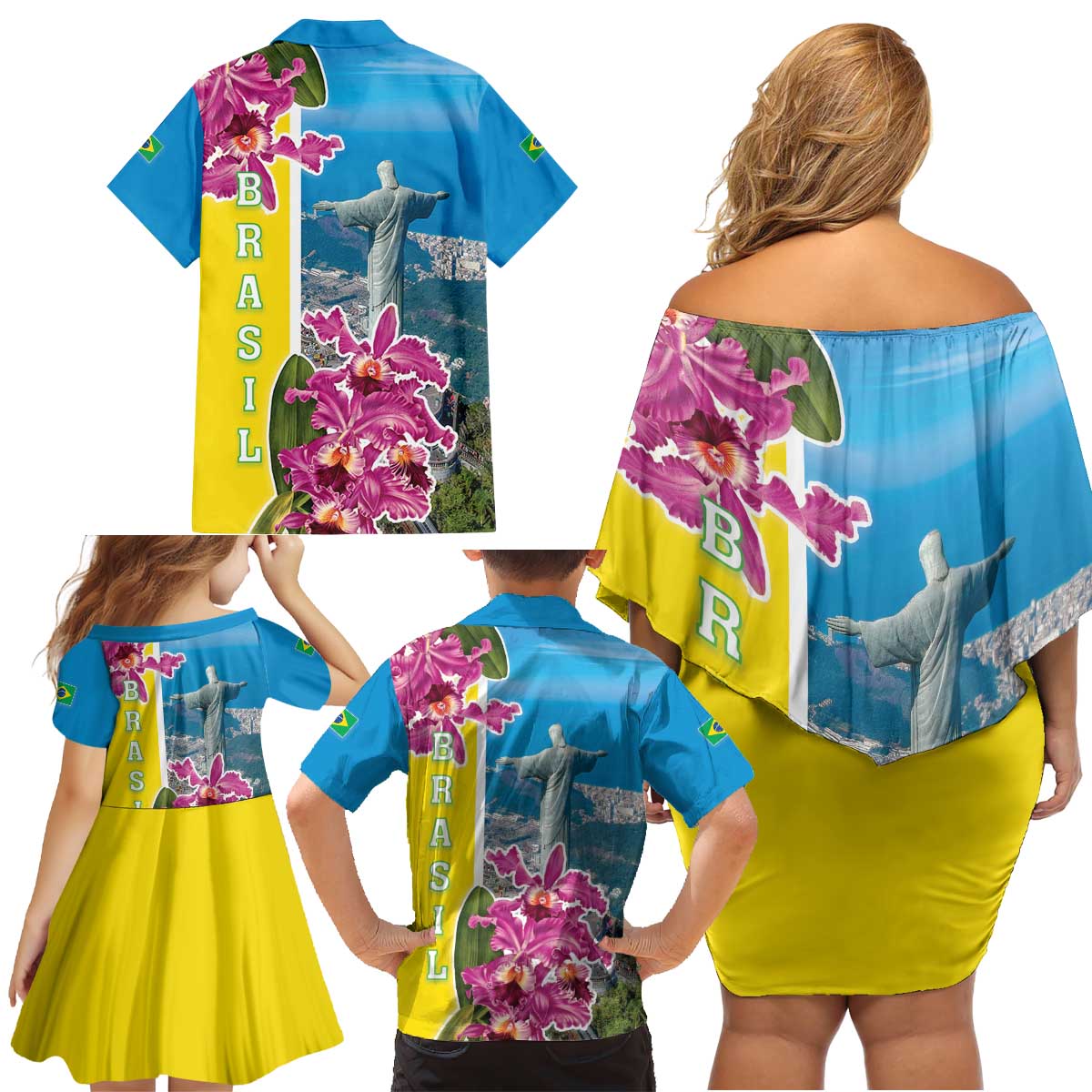 Brazil Cattleya Labiata Family Matching Off Shoulder Short Dress and Hawaiian Shirt Christ The Redeemer And Flag Color Style - Wonder Print Shop