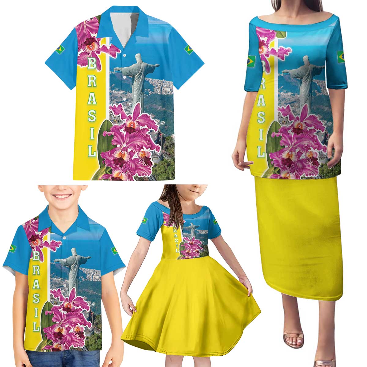 Brazil Cattleya Labiata Family Matching Puletasi and Hawaiian Shirt Christ The Redeemer And Flag Color Style - Wonder Print Shop