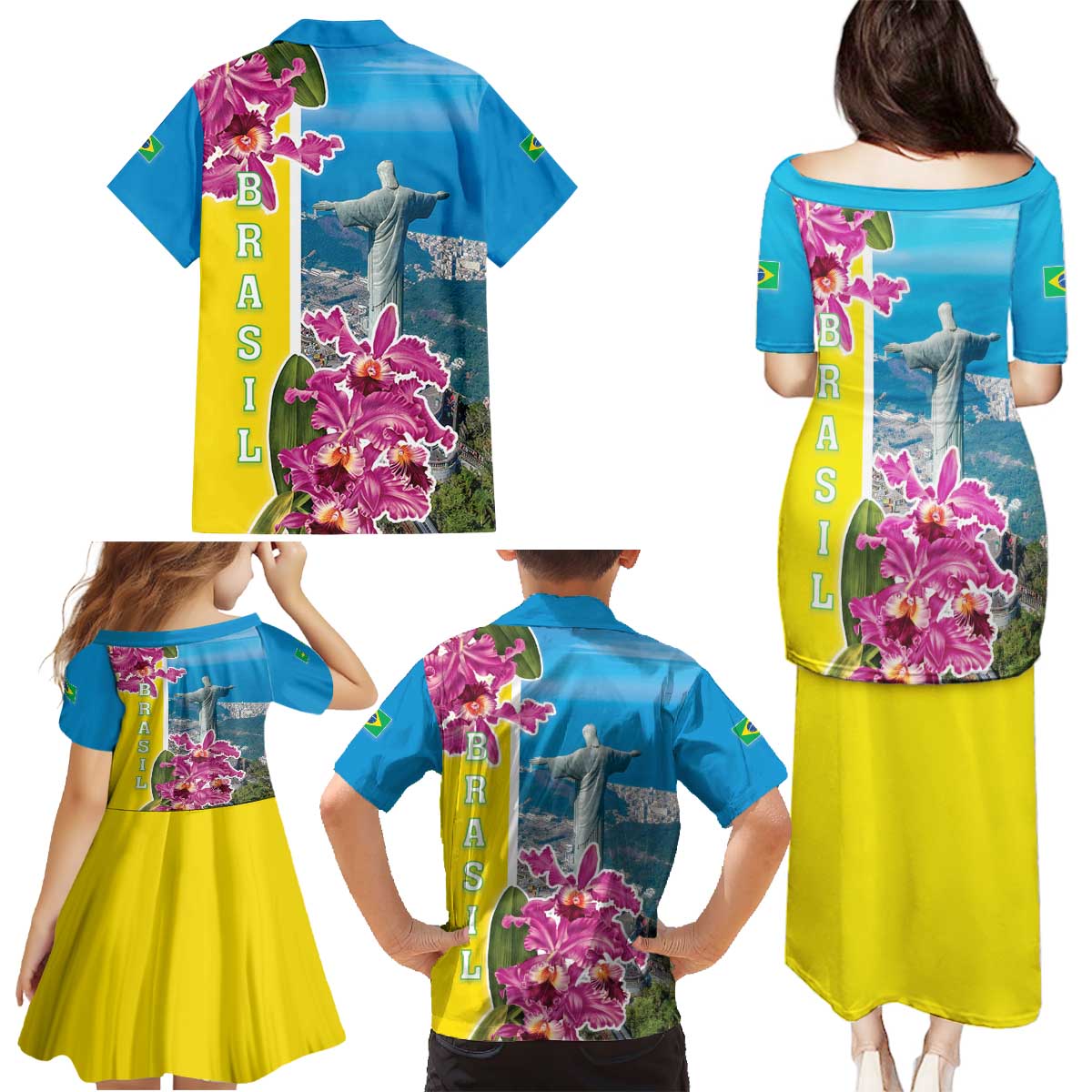 Brazil Cattleya Labiata Family Matching Puletasi and Hawaiian Shirt Christ The Redeemer And Flag Color Style - Wonder Print Shop