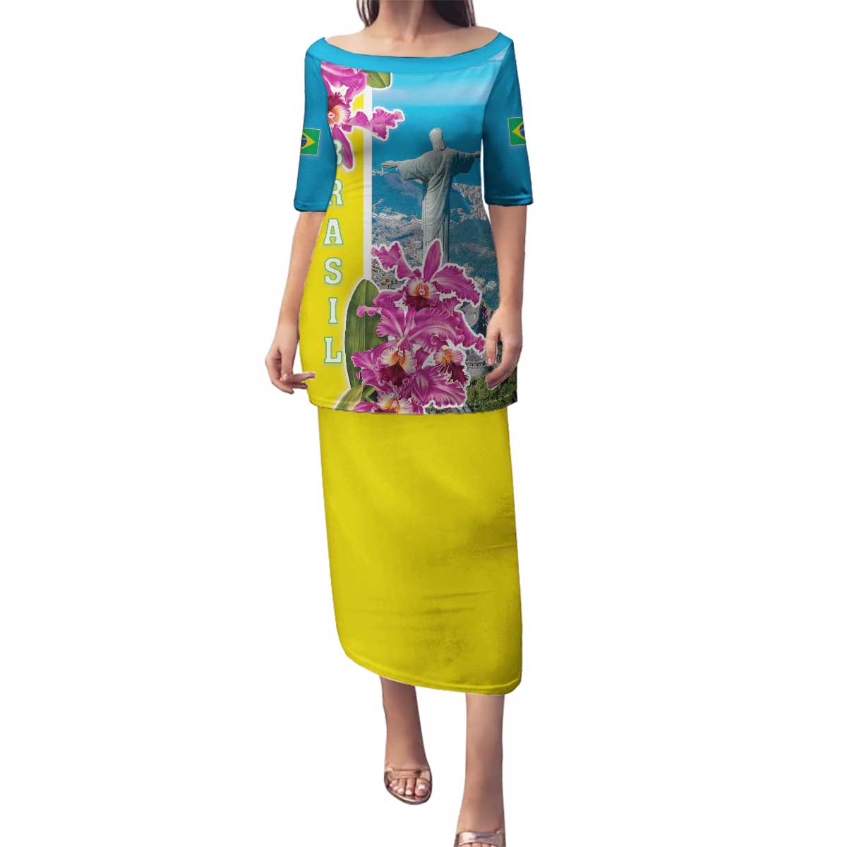 Brazil Cattleya Labiata Family Matching Puletasi and Hawaiian Shirt Christ The Redeemer And Flag Color Style - Wonder Print Shop