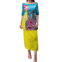 Brazil Cattleya Labiata Family Matching Puletasi and Hawaiian Shirt Christ The Redeemer And Flag Color Style - Wonder Print Shop