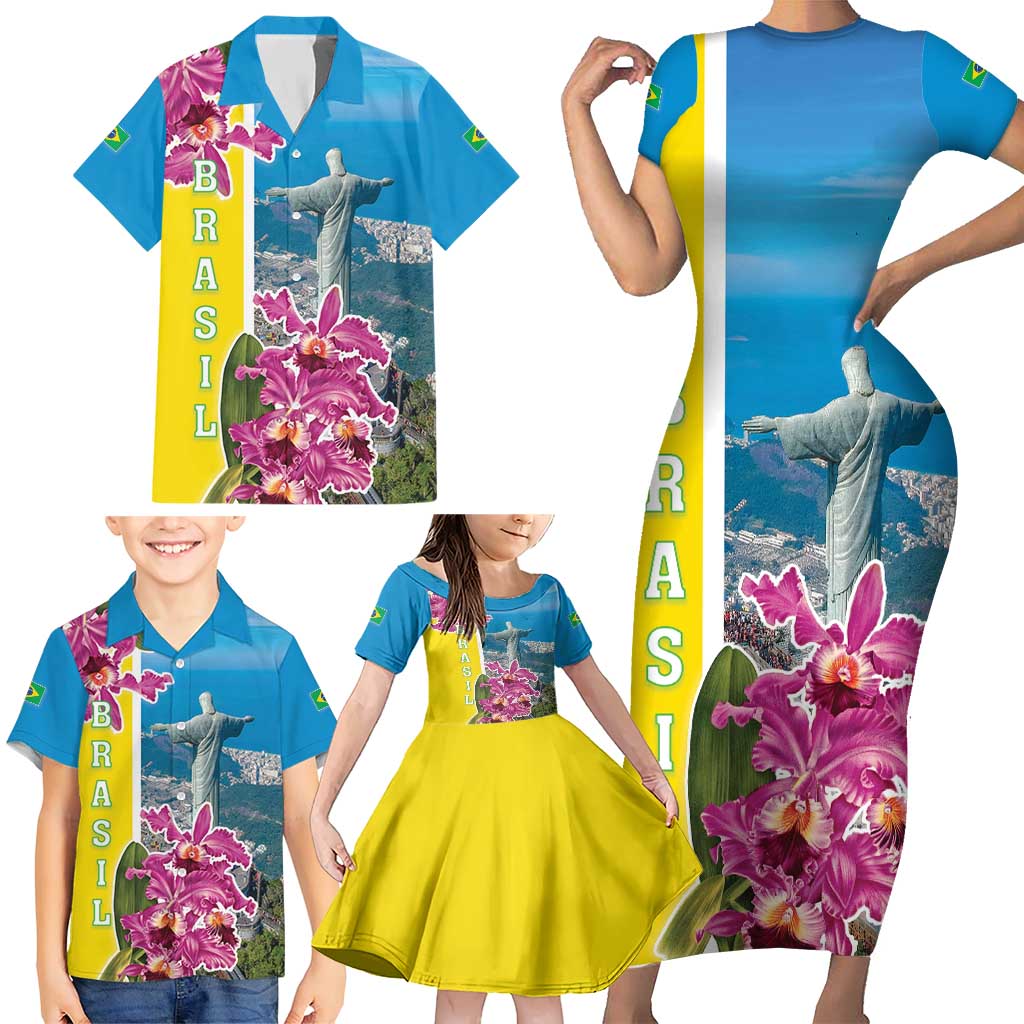 Brazil Cattleya Labiata Family Matching Short Sleeve Bodycon Dress and Hawaiian Shirt Christ The Redeemer And Flag Color Style - Wonder Print Shop