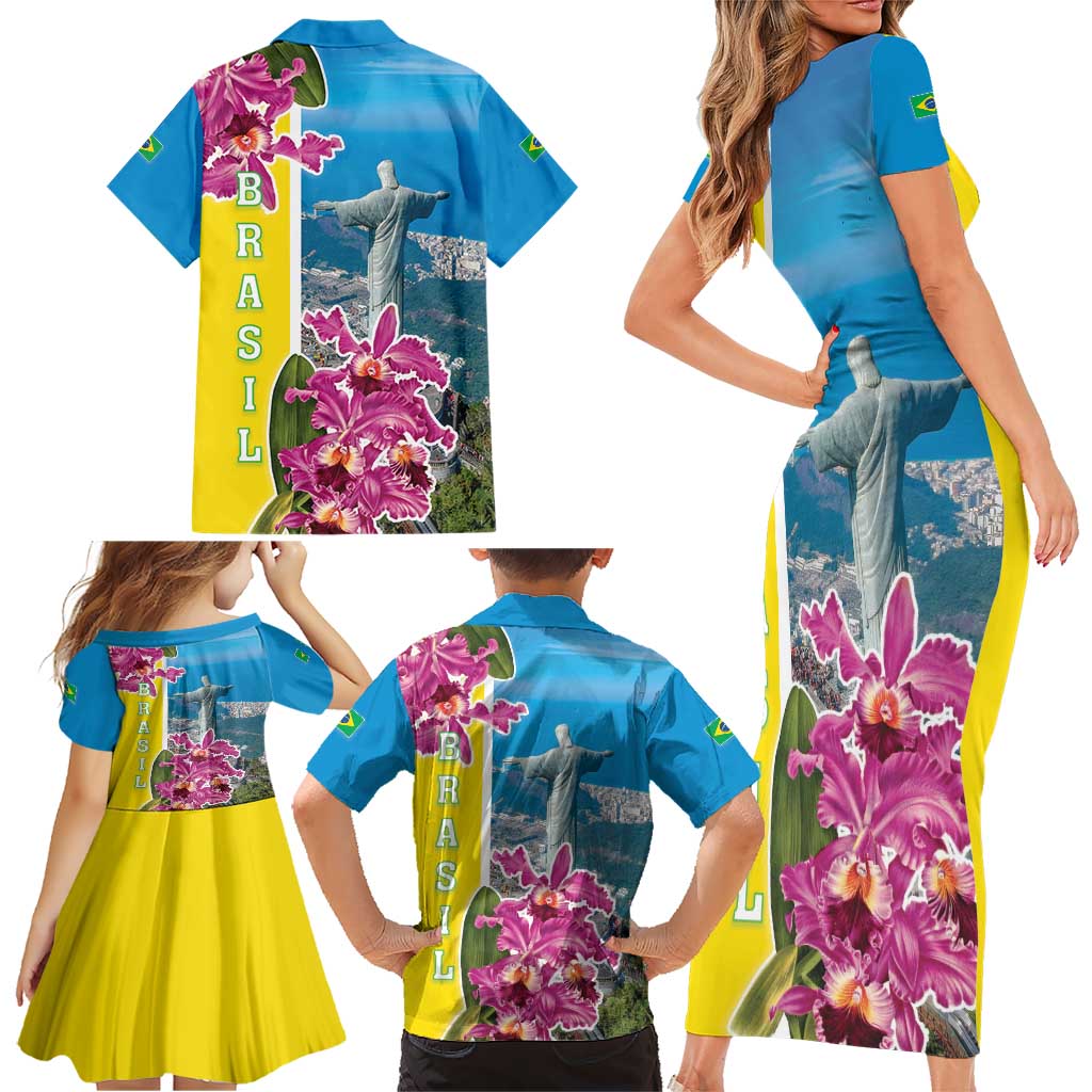 Brazil Cattleya Labiata Family Matching Short Sleeve Bodycon Dress and Hawaiian Shirt Christ The Redeemer And Flag Color Style - Wonder Print Shop