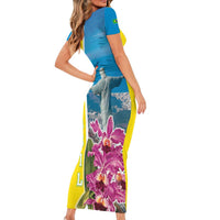 Brazil Cattleya Labiata Family Matching Short Sleeve Bodycon Dress and Hawaiian Shirt Christ The Redeemer And Flag Color Style - Wonder Print Shop