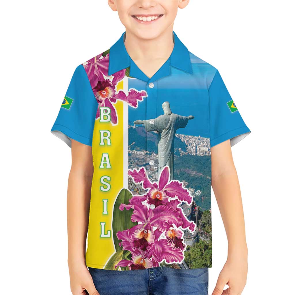 Brazil Cattleya Labiata Family Matching Short Sleeve Bodycon Dress and Hawaiian Shirt Christ The Redeemer And Flag Color Style - Wonder Print Shop