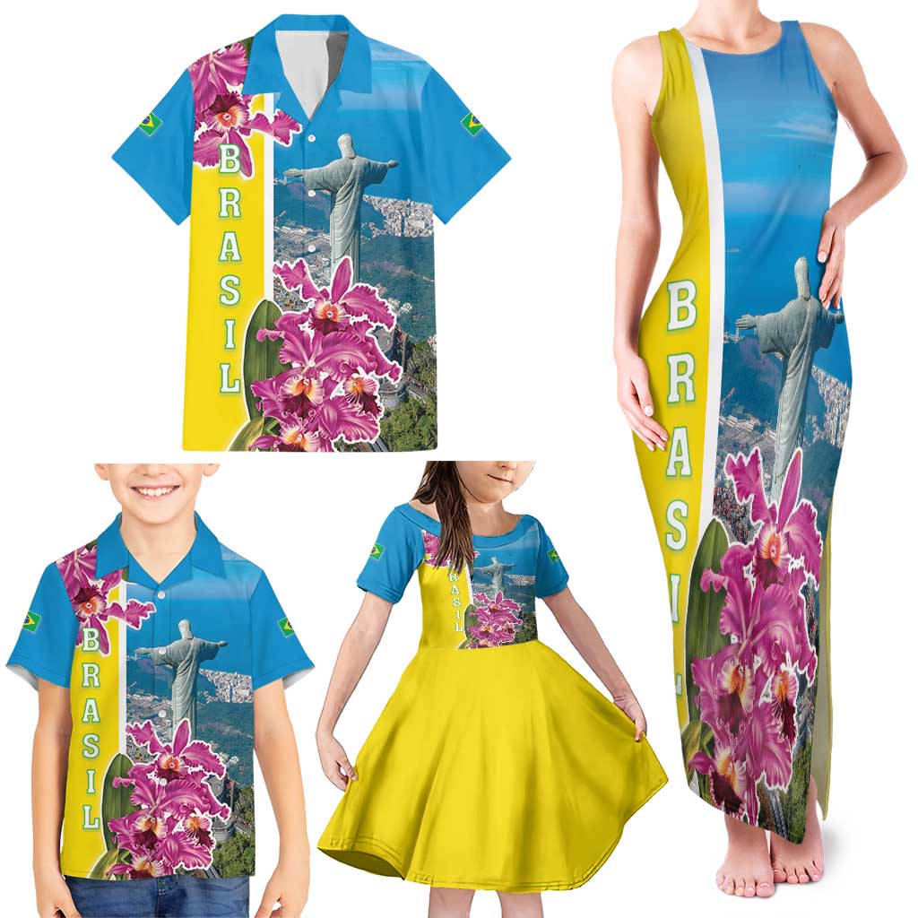 Brazil Cattleya Labiata Family Matching Tank Maxi Dress and Hawaiian Shirt Christ The Redeemer And Flag Color Style - Wonder Print Shop