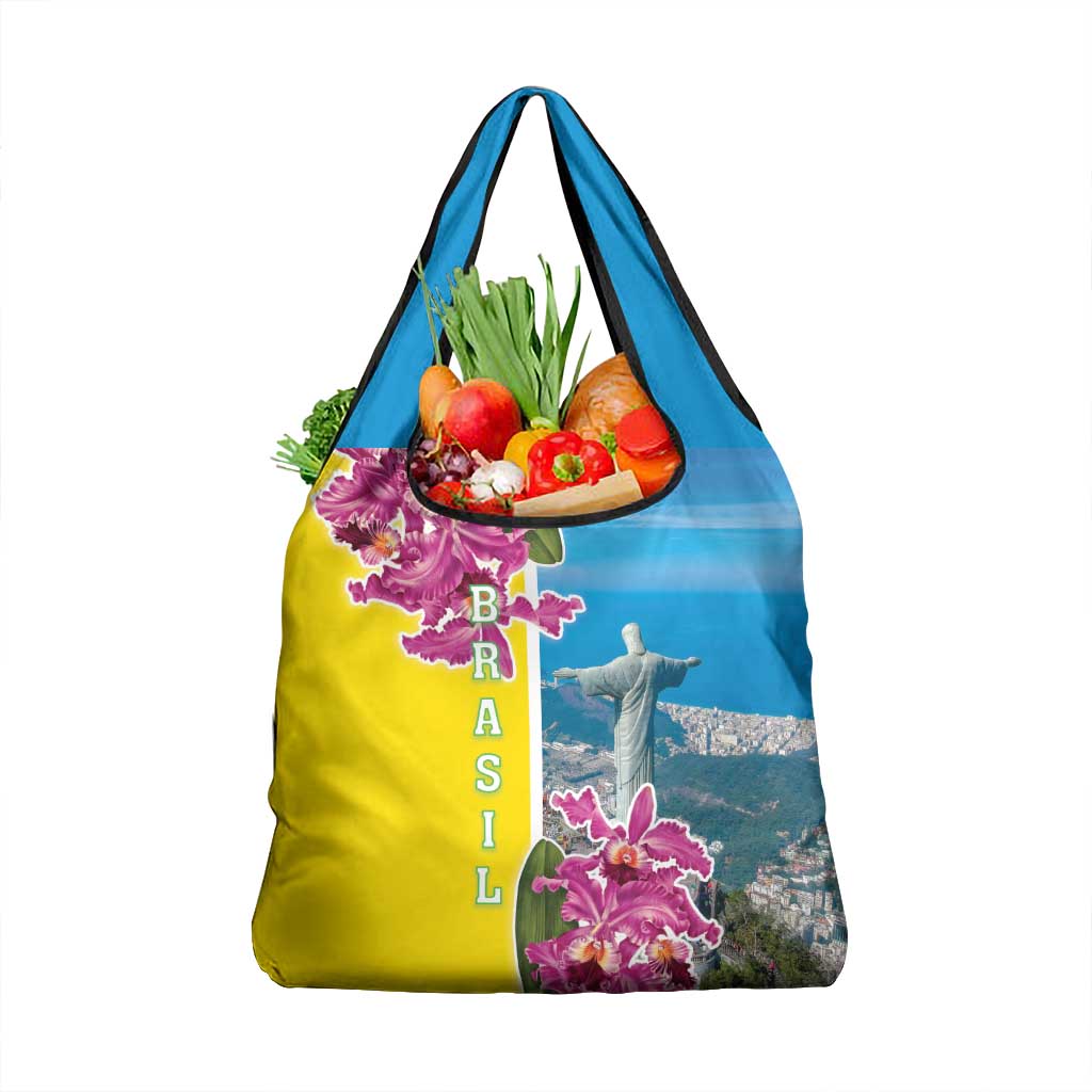 Brazil Cattleya Labiata Grocery Bag Christ The Redeemer And Flag Color Style