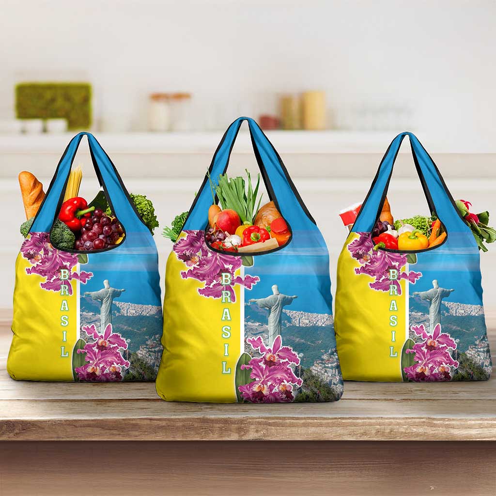 Brazil Cattleya Labiata Grocery Bag Christ The Redeemer And Flag Color Style