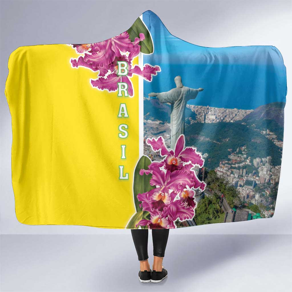 Brazil Cattleya Labiata Hooded Blanket Christ The Redeemer And Flag Color Style
