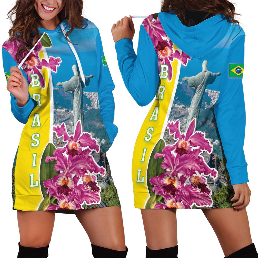 Brazil Cattleya Labiata Hoodie Dress Christ The Redeemer And Flag Color Style - Wonder Print Shop