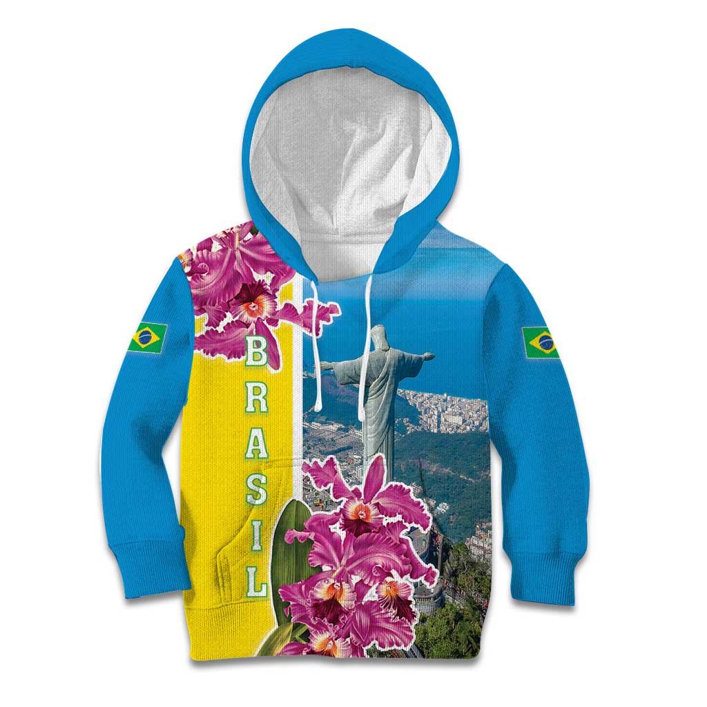 Brazil Cattleya Labiata Kid Hoodie Christ The Redeemer And Flag Color Style - Wonder Print Shop