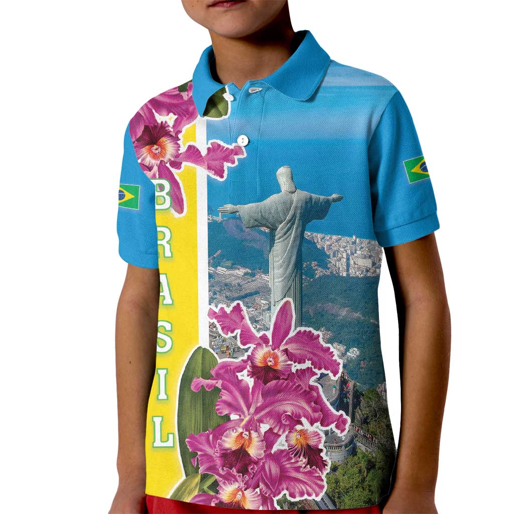 Brazil Cattleya Labiata Kid Polo Shirt Christ The Redeemer And Flag Color Style - Wonder Print Shop