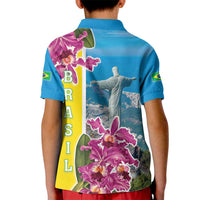 Brazil Cattleya Labiata Kid Polo Shirt Christ The Redeemer And Flag Color Style - Wonder Print Shop