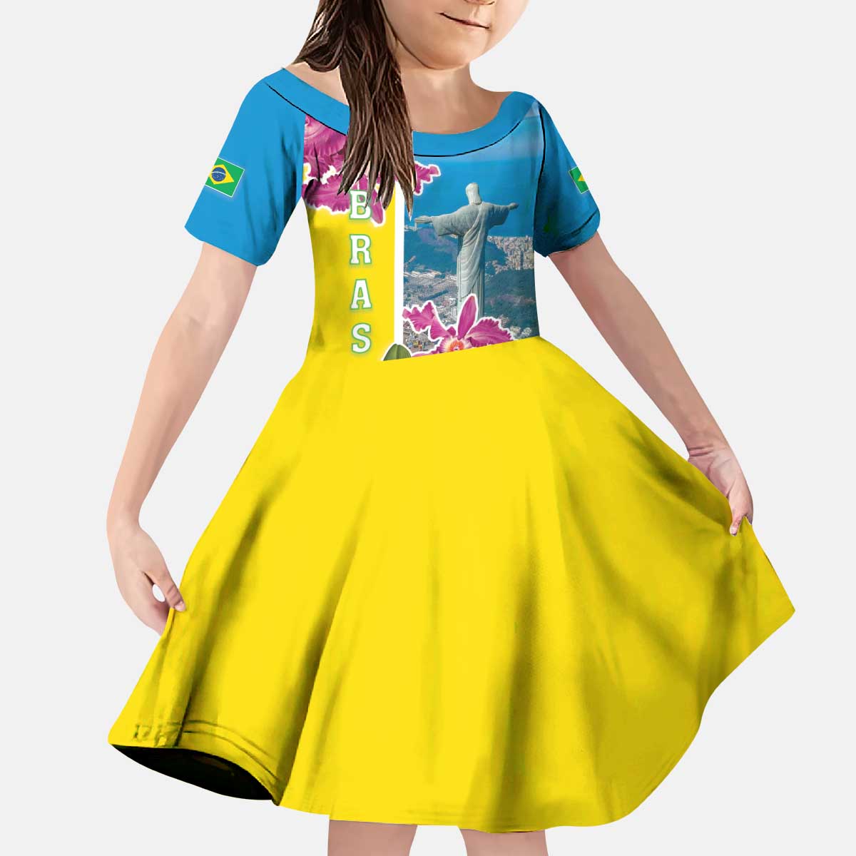 Brazil Cattleya Labiata Kid Short Sleeve Dress Christ The Redeemer And Flag Color Style - Wonder Print Shop