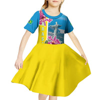 Brazil Cattleya Labiata Kid Short Sleeve Dress Christ The Redeemer And Flag Color Style - Wonder Print Shop