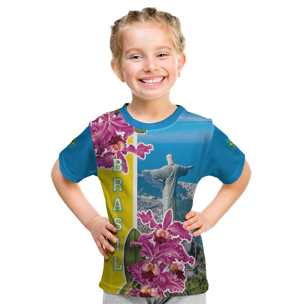 Brazil Cattleya Labiata Kid T Shirt Christ The Redeemer And Flag Color Style - Wonder Print Shop