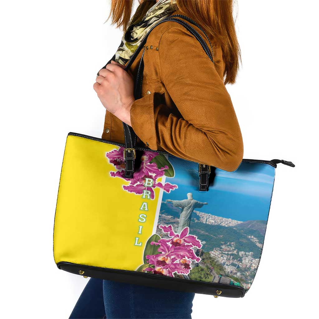 Brazil Cattleya Labiata Leather Tote Bag Christ The Redeemer And Flag Color Style - Wonder Print Shop