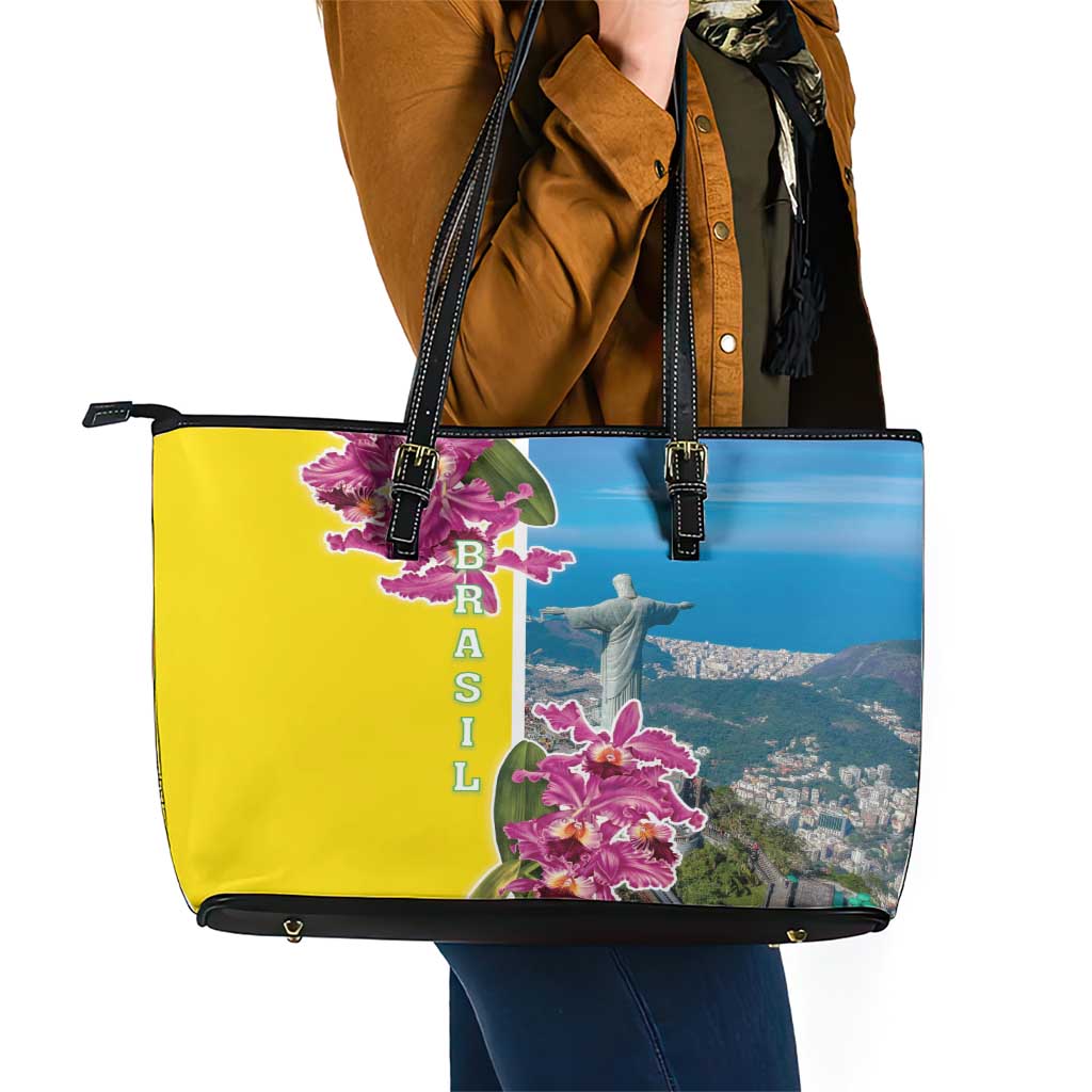 Brazil Cattleya Labiata Leather Tote Bag Christ The Redeemer And Flag Color Style - Wonder Print Shop