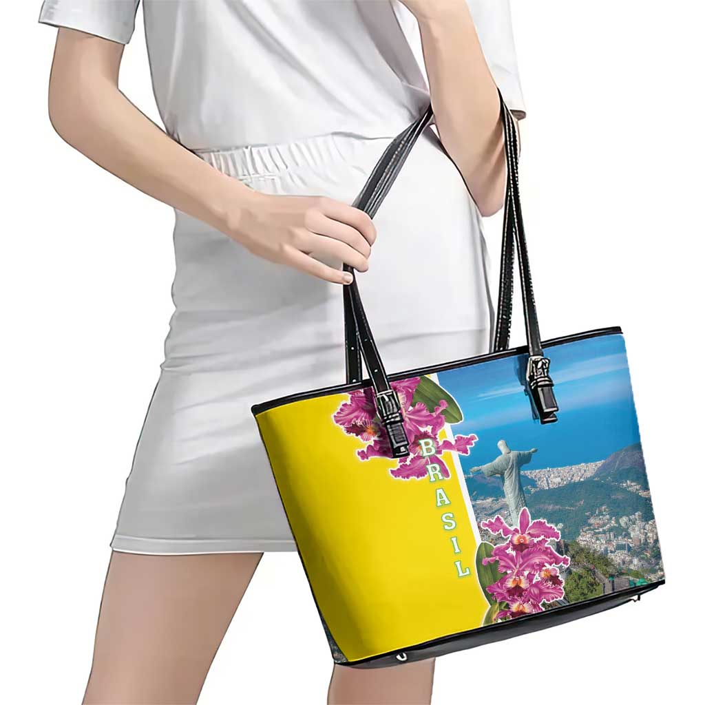 Brazil Cattleya Labiata Leather Tote Bag Christ The Redeemer And Flag Color Style - Wonder Print Shop
