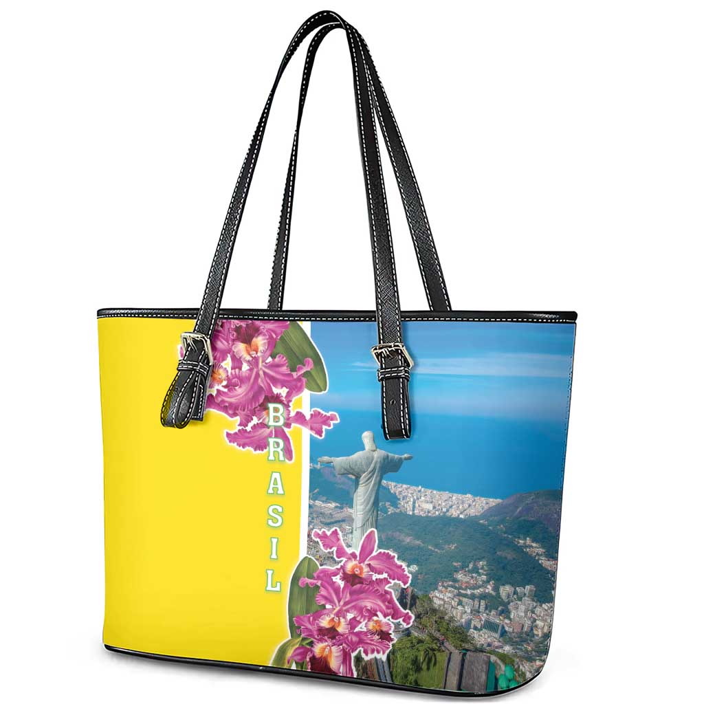 Brazil Cattleya Labiata Leather Tote Bag Christ The Redeemer And Flag Color Style - Wonder Print Shop