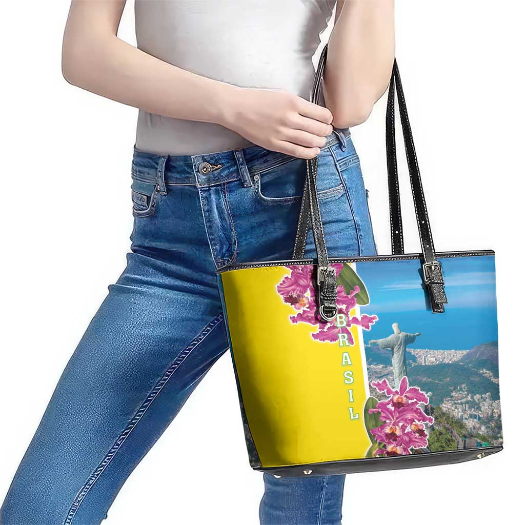 Brazil Cattleya Labiata Leather Tote Bag Christ The Redeemer And Flag Color Style - Wonder Print Shop