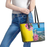Brazil Cattleya Labiata Leather Tote Bag Christ The Redeemer And Flag Color Style - Wonder Print Shop