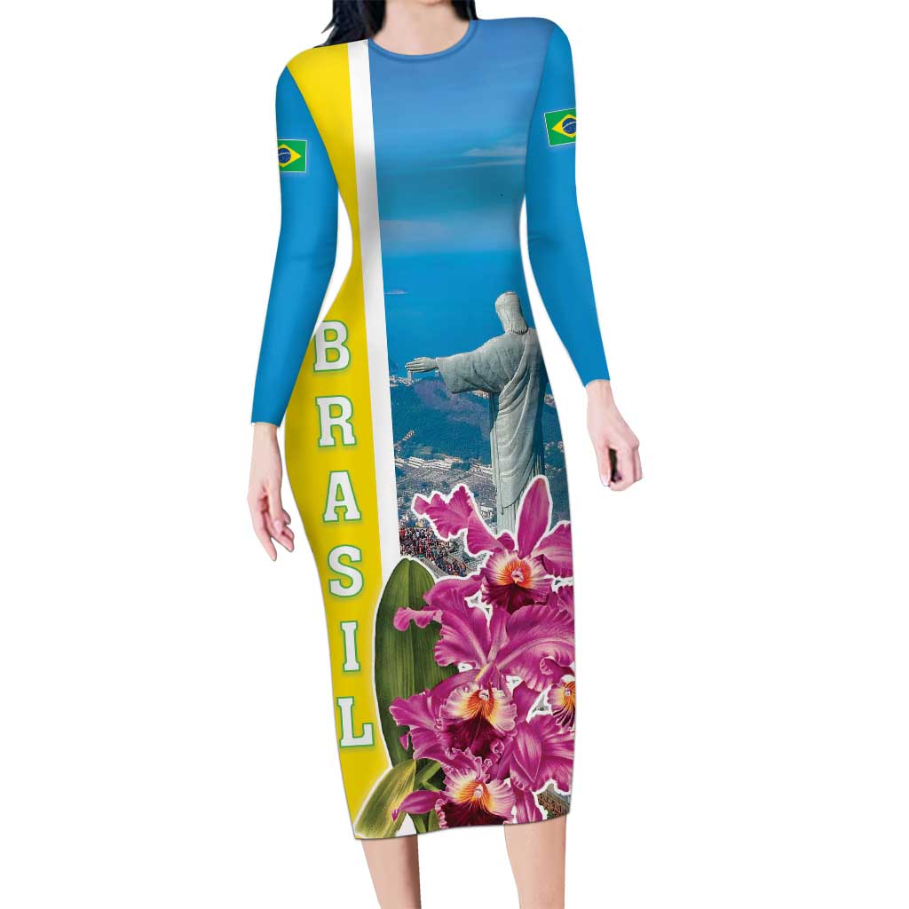 Brazil Cattleya Labiata Long Sleeve Bodycon Dress Christ The Redeemer And Flag Color Style - Wonder Print Shop