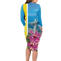 Brazil Cattleya Labiata Long Sleeve Bodycon Dress Christ The Redeemer And Flag Color Style - Wonder Print Shop
