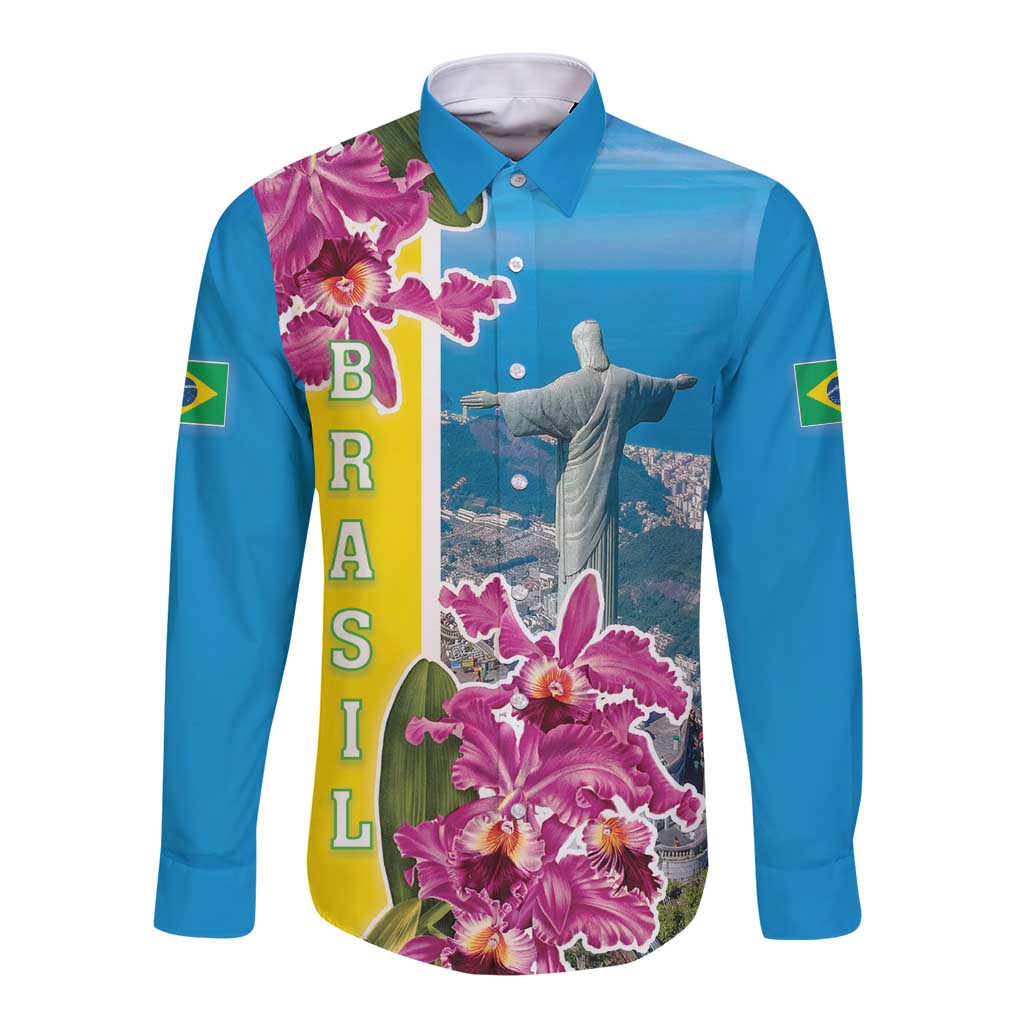 Brazil Cattleya Labiata Long Sleeve Button Shirt Christ The Redeemer And Flag Color Style - Wonder Print Shop